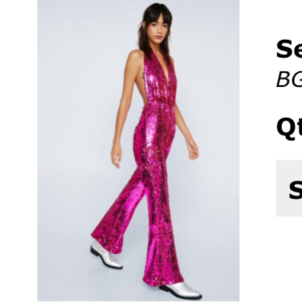 Nastygal Pink Sequin Halter Neck Flare Jumpsuit